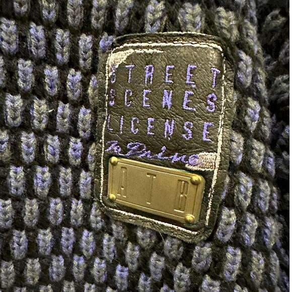 VTG 90s Street Scenes Licence to Drive Chunky Knit Leather Details Blue Purple - Picture 10 of 10